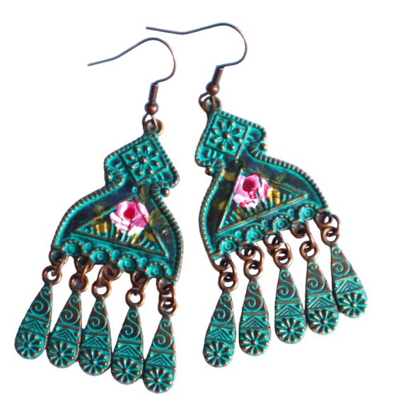 NEW Verde Gris Painted Rose Dangle Earrings Romantic Vintage Style Jewelry - Picture 1 of 5